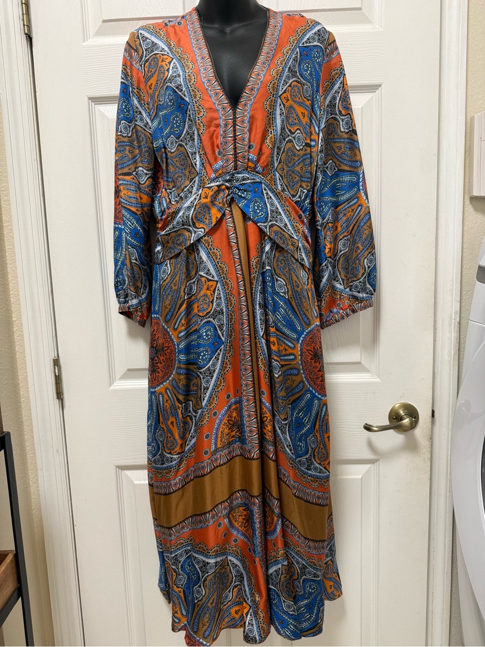 Paisley Tie-Front Maxi Dress in Orange & Blue